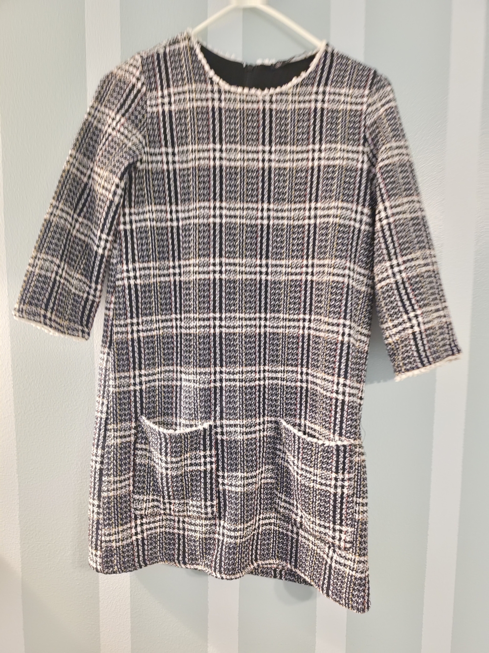 Zara Girls Navy and White Plaid Tweed Shift Dress Small